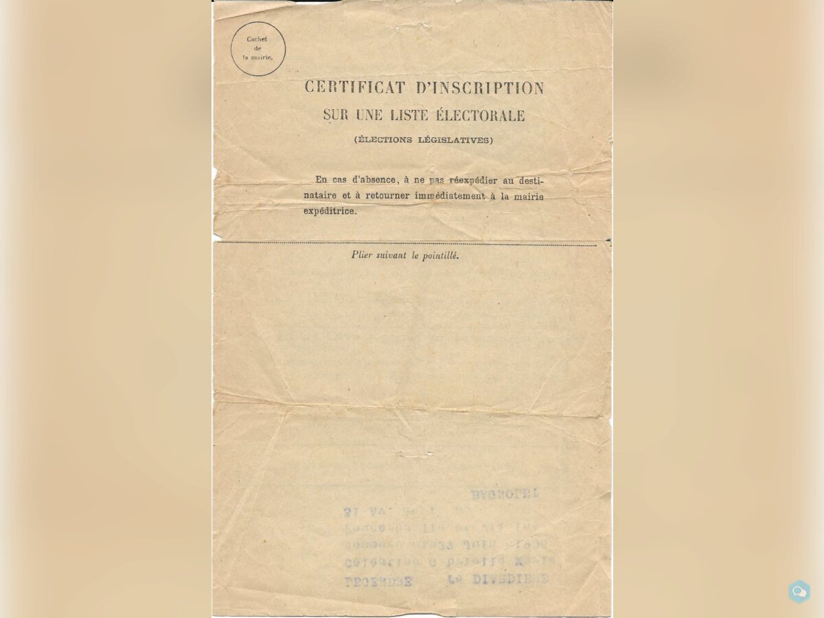 Certificat d'inscription liste électorale 1956 2